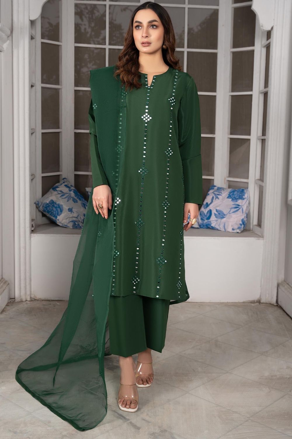 Bottle Green Mirror Work Kattan Silk Pakistani Suit Online in Dubai UAE Abudhabi Ajman Sharjah