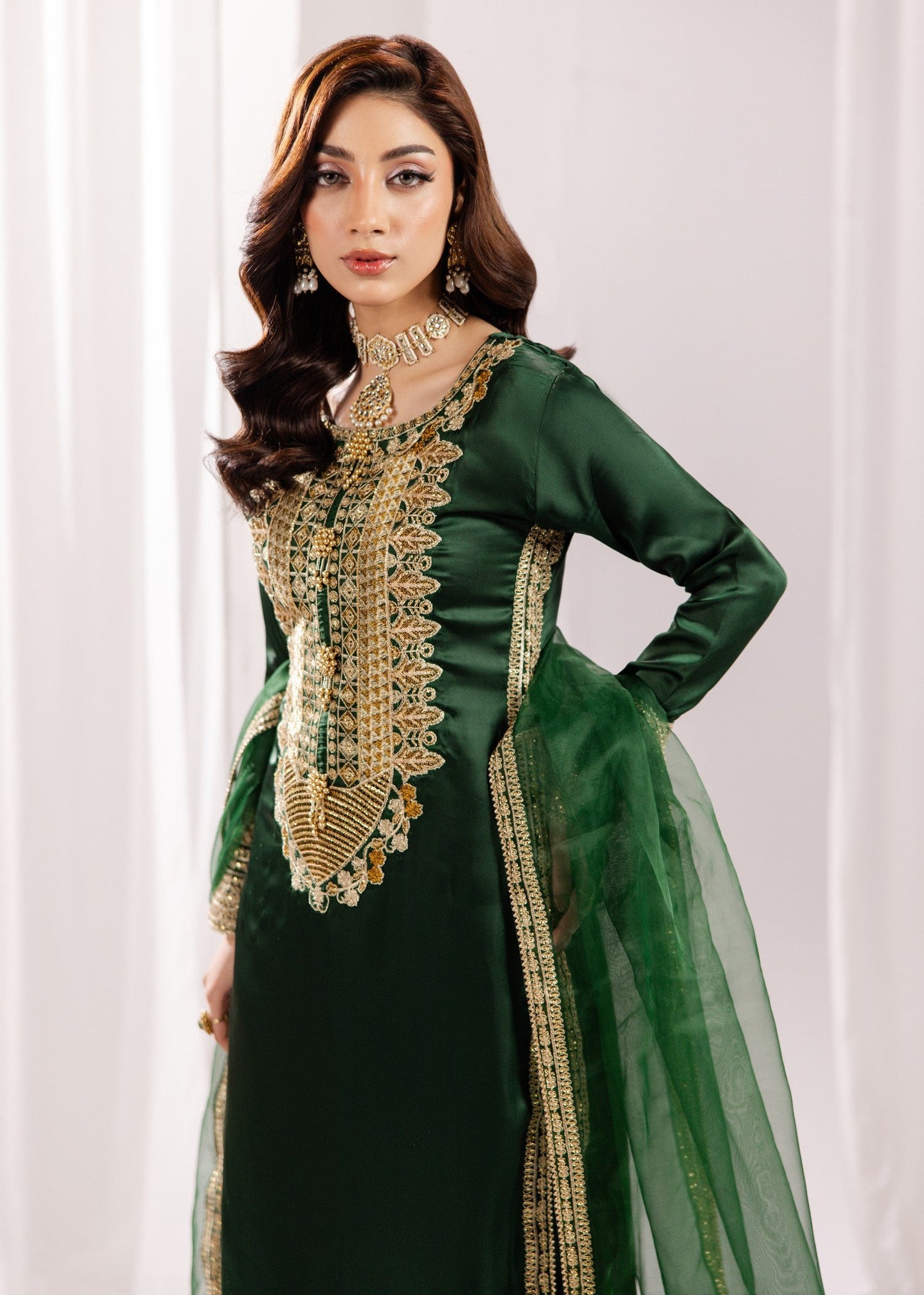 Bottle Green Organza Dupatta Silk Suit Online in Dubai DXB UAE Abudhabi Meena Bazaar