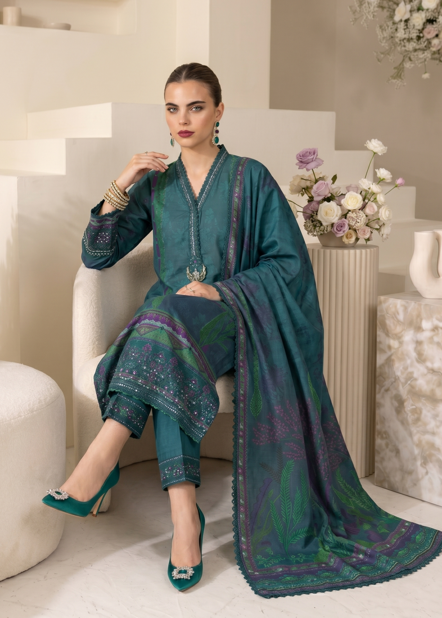Bottle Green Raw Silk Embroidered Party Wear Suit Online in Dubai DXB UAE Abudhabi Meena Bazaar