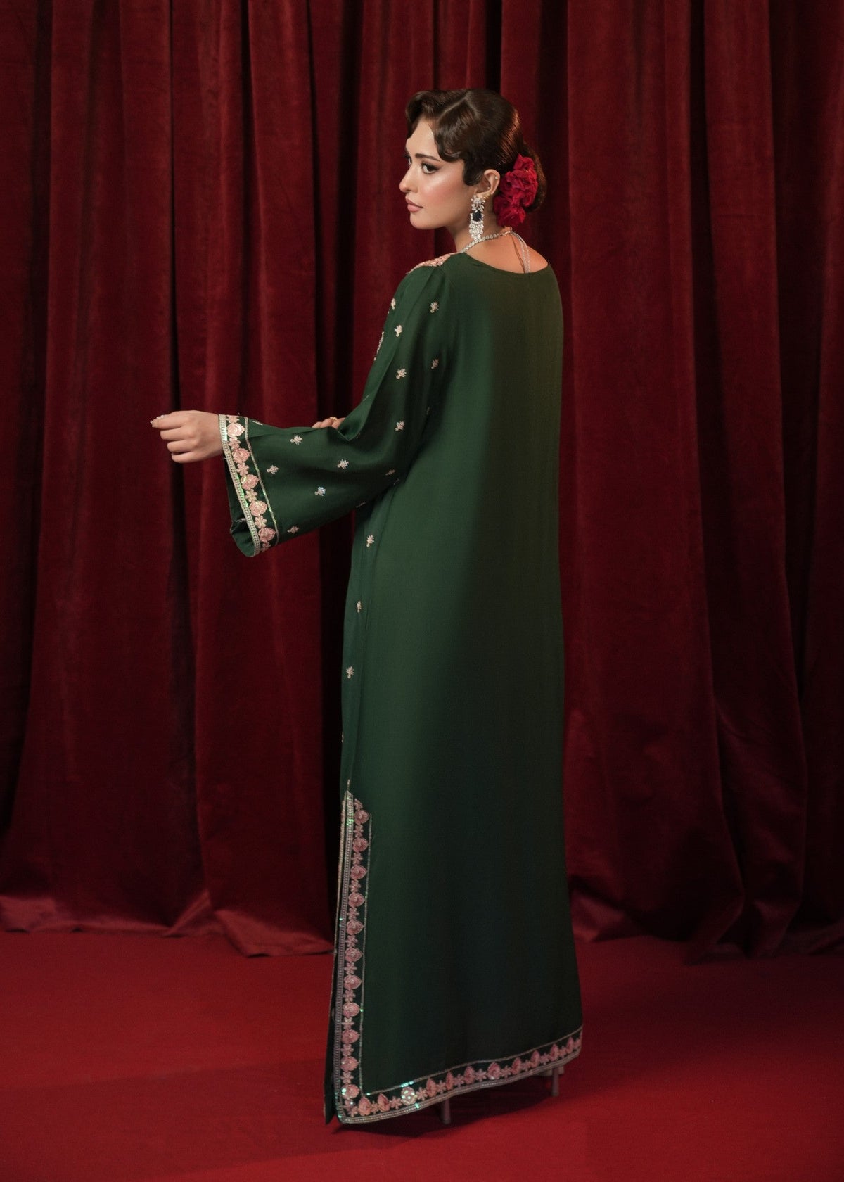 Bottle Green Raw Silk Kaftan with Floral Buti Embroidery Online in Sri Lanka India Australia