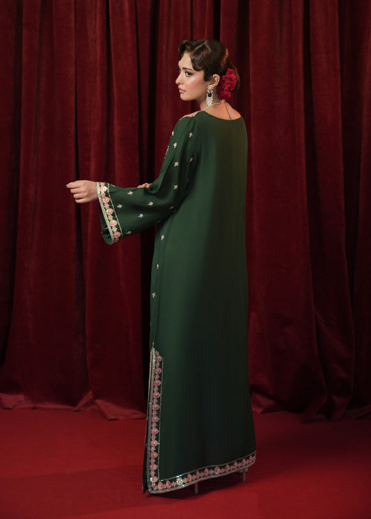 Bottle Green Raw Silk Kaftan with Floral Buti Embroidery Online in Sri Lanka India Australia