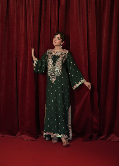 Bottle Green Raw Silk Kaftan with Floral Buti Embroidery Online in Sri Lanka India Australia