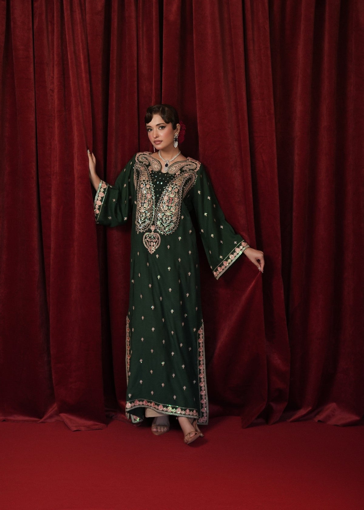 Bottle Green Raw Silk Kaftan with Paisley Embroidery Online in KSA Riyadh Saudi Arabia Oman Bahrain Qatar