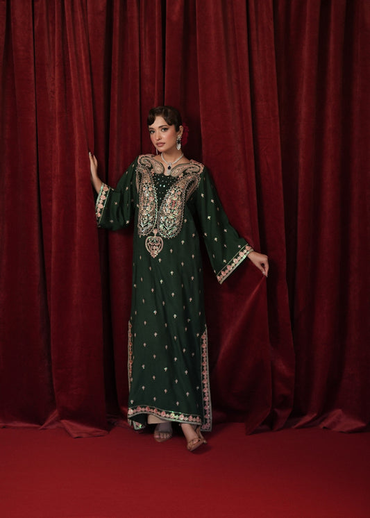 Bottle Green Raw Silk Kaftan with Paisley Embroidery Online in KSA Riyadh Saudi Arabia Oman Bahrain Qatar