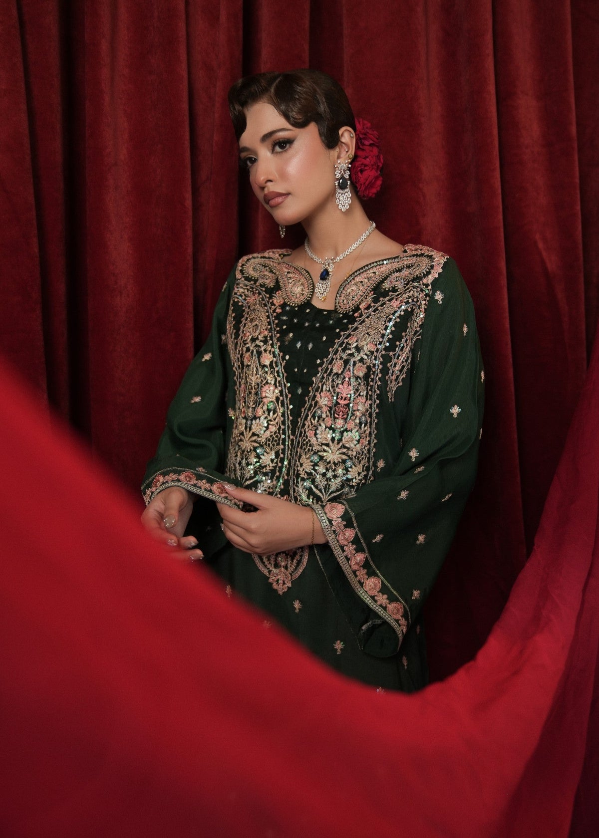 Bottle Green Raw Silk Kaftan with Paisley Embroidery Online in KSA Riyadh Saudi Arabia Oman Bahrain Qatar