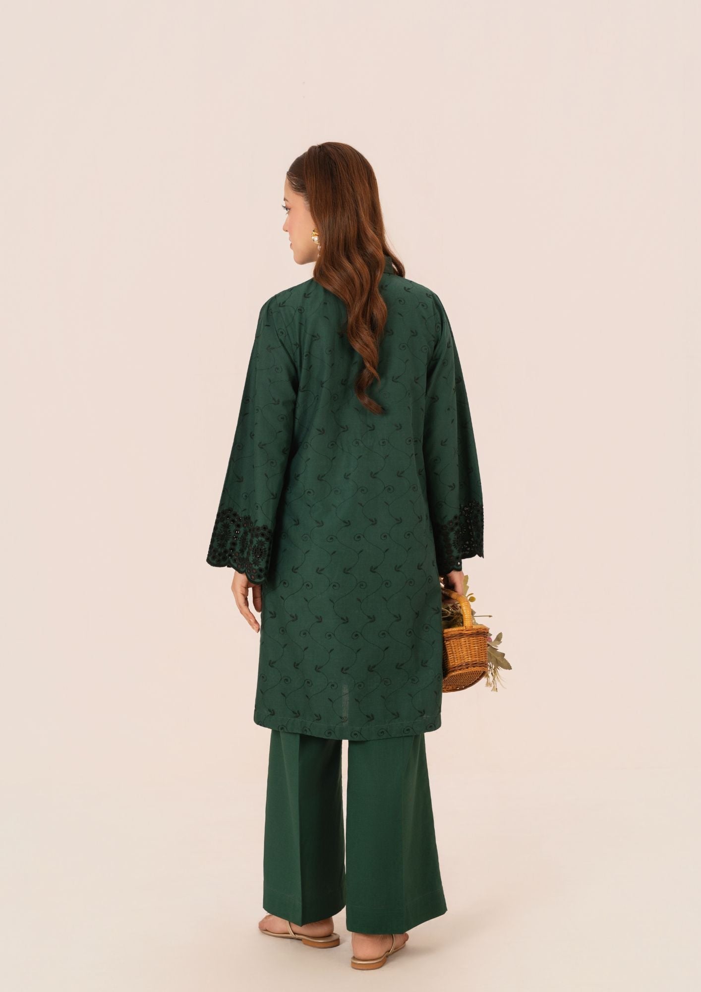 Bottle Green Schiffli Embroidered Cambric Ladies Suit Online in UK USA Canada