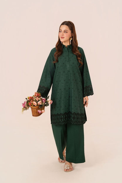 Bottle Green Schiffli Embroidered Cambric Tunic Kurta Online in Dubai UAE Abudhabi Ajman Sharjah