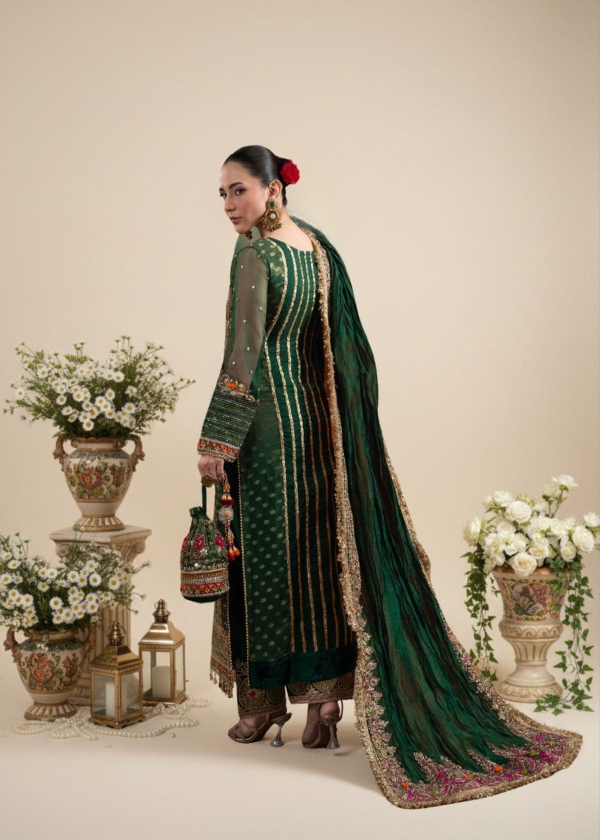Bottle Green Zardozi Banarasi Designer Salwar Suit Online in UK USA Canada