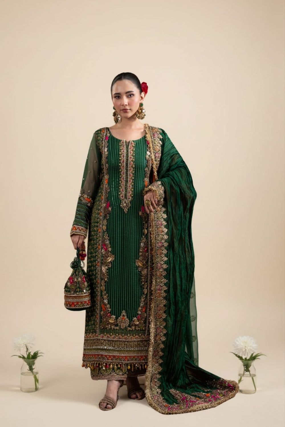 Bottle Green Zardozi Banarasi Pakistani Suit Online in Dubai UAE Abudhabi Ajman Sharjah