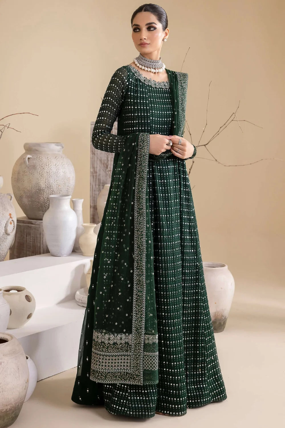 Bottle Green Pure Chiffon Anarkali