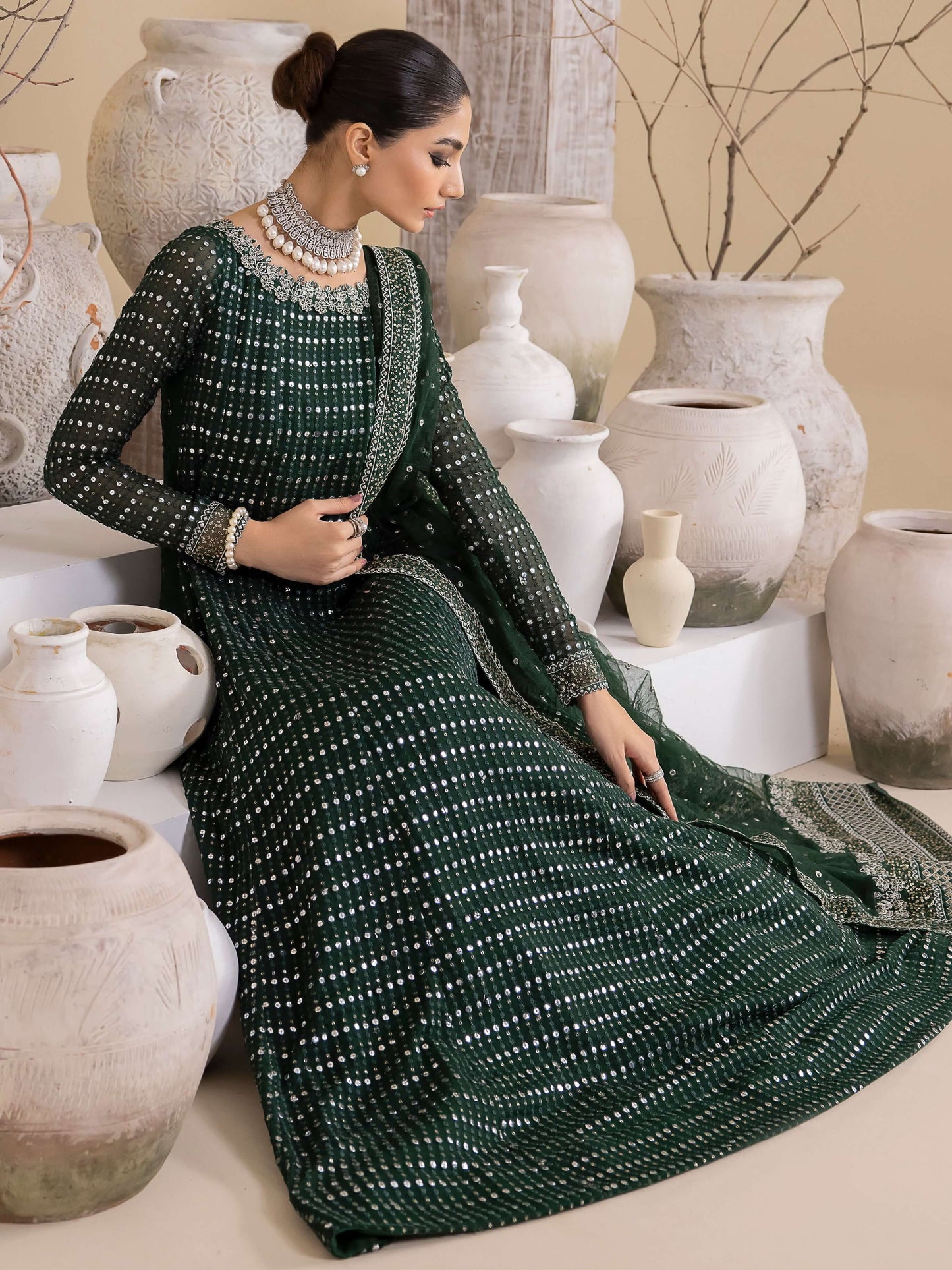 Bottle Green Pure Chiffon Anarkali