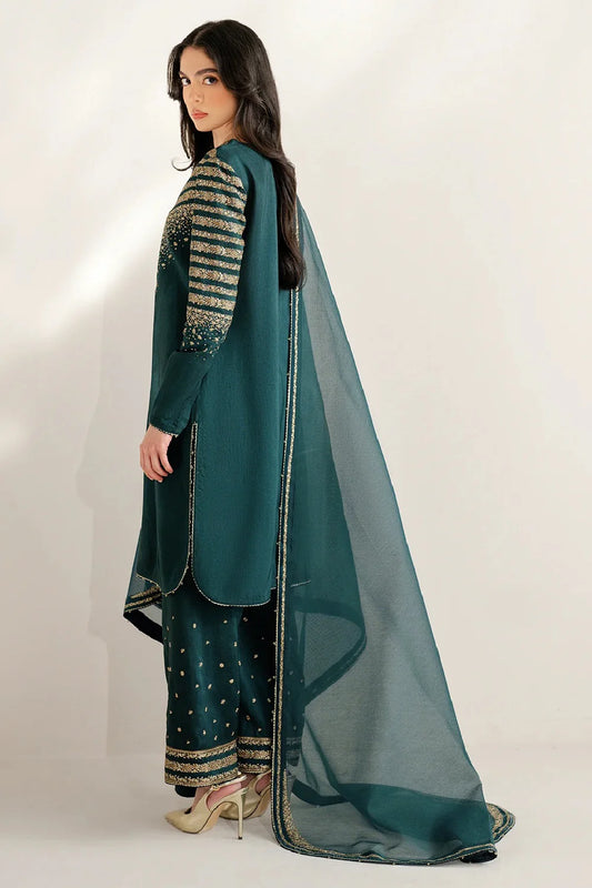Bottle Green Sequins Embroidered Indian Raw Silk Suit