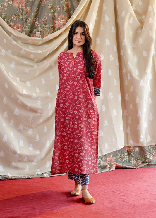 Brick Red Printed Lawn Kurta Set Online in Dubai DXB UAE Abudhabi Meena Bazaar
