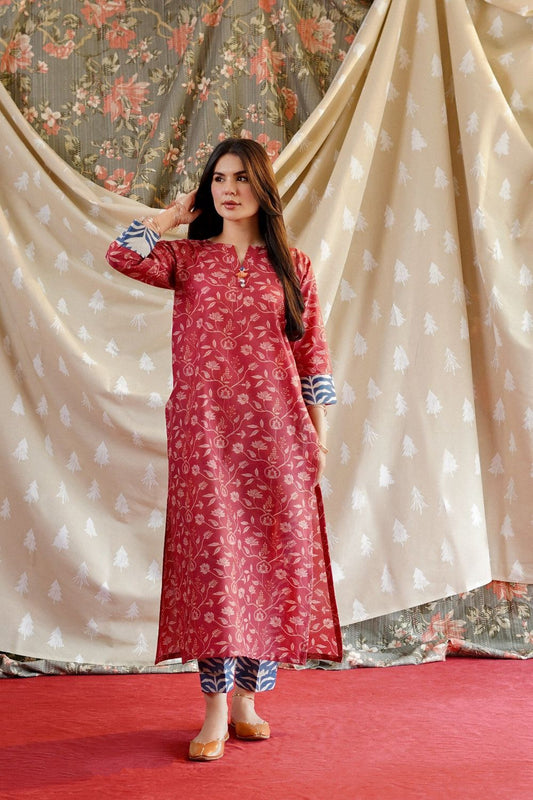 Brick Red Printed Lawn Kurta Set Online in Dubai UAE Abudhabi Ajman Sharjah