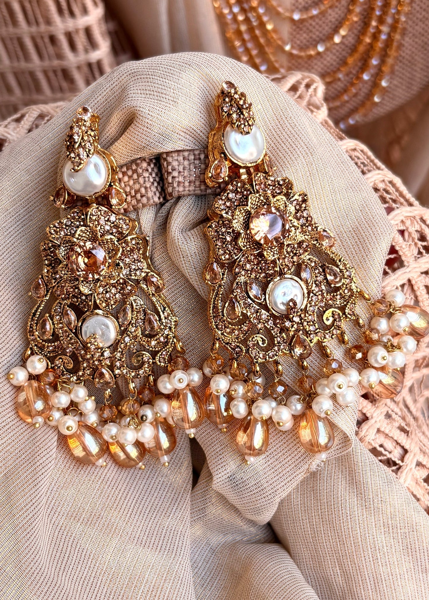Bridal Champagne Jewellery Set with Stone Work Online in KSA Riyadh Saudi Arabia Oman Bahrain Qatar