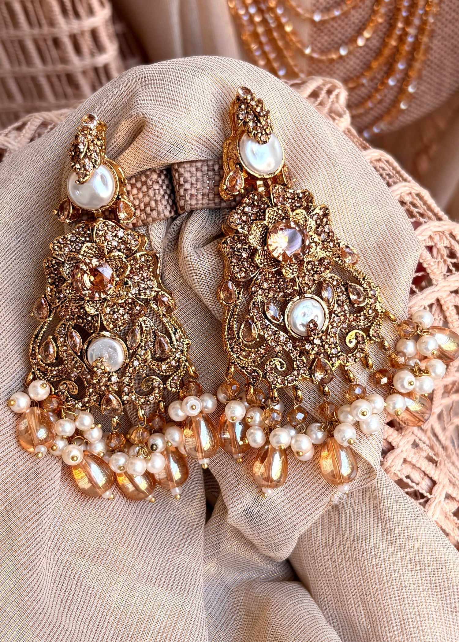 Bridal Champagne Jewellery Set with Stone Work Online in KSA Riyadh Saudi Arabia Oman Bahrain Qatar