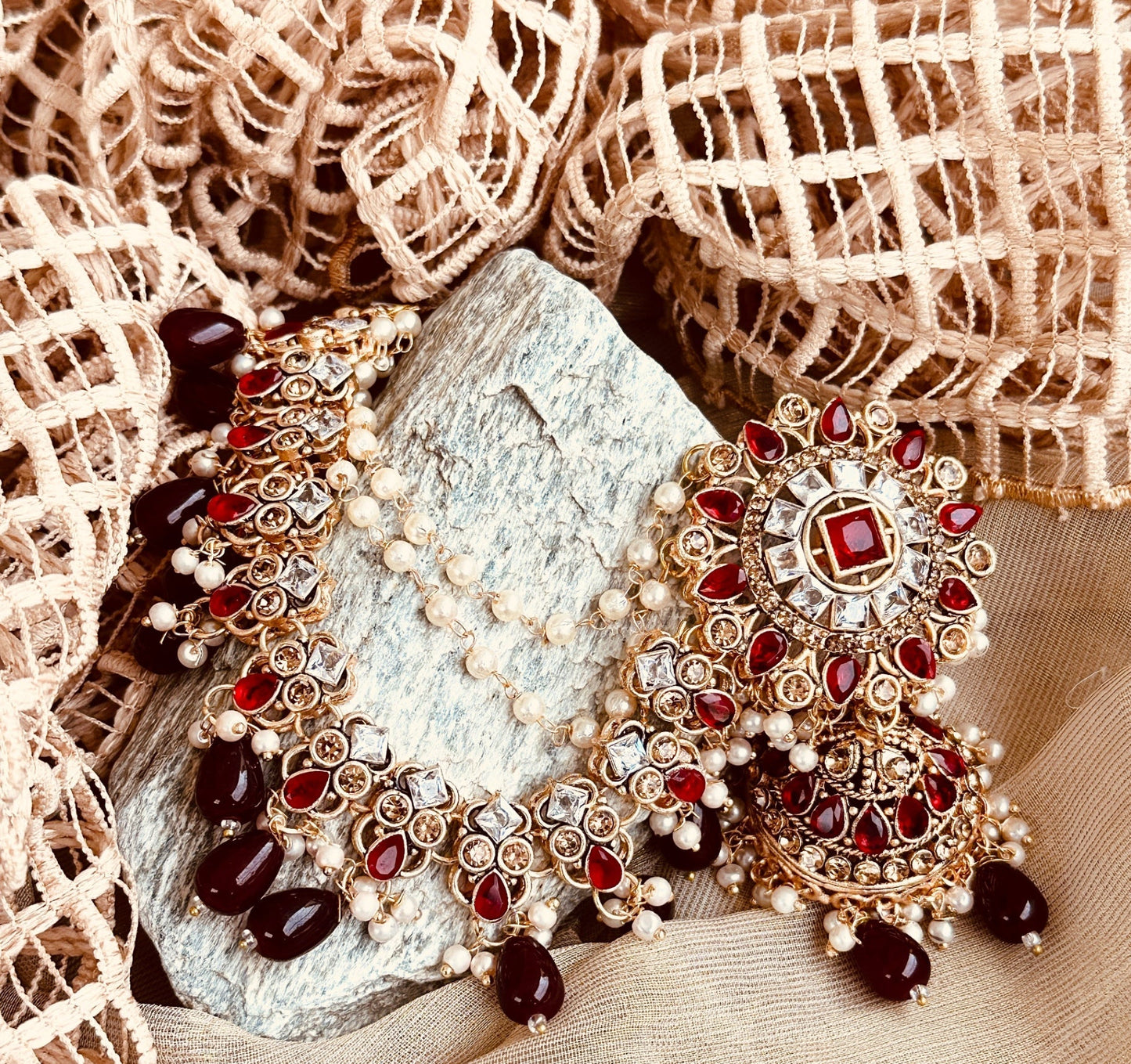 Bridal Jhumka Earrings Maroon Metal Online in KSA Riyadh Saudi Arabia Oman Bahrain Qatar