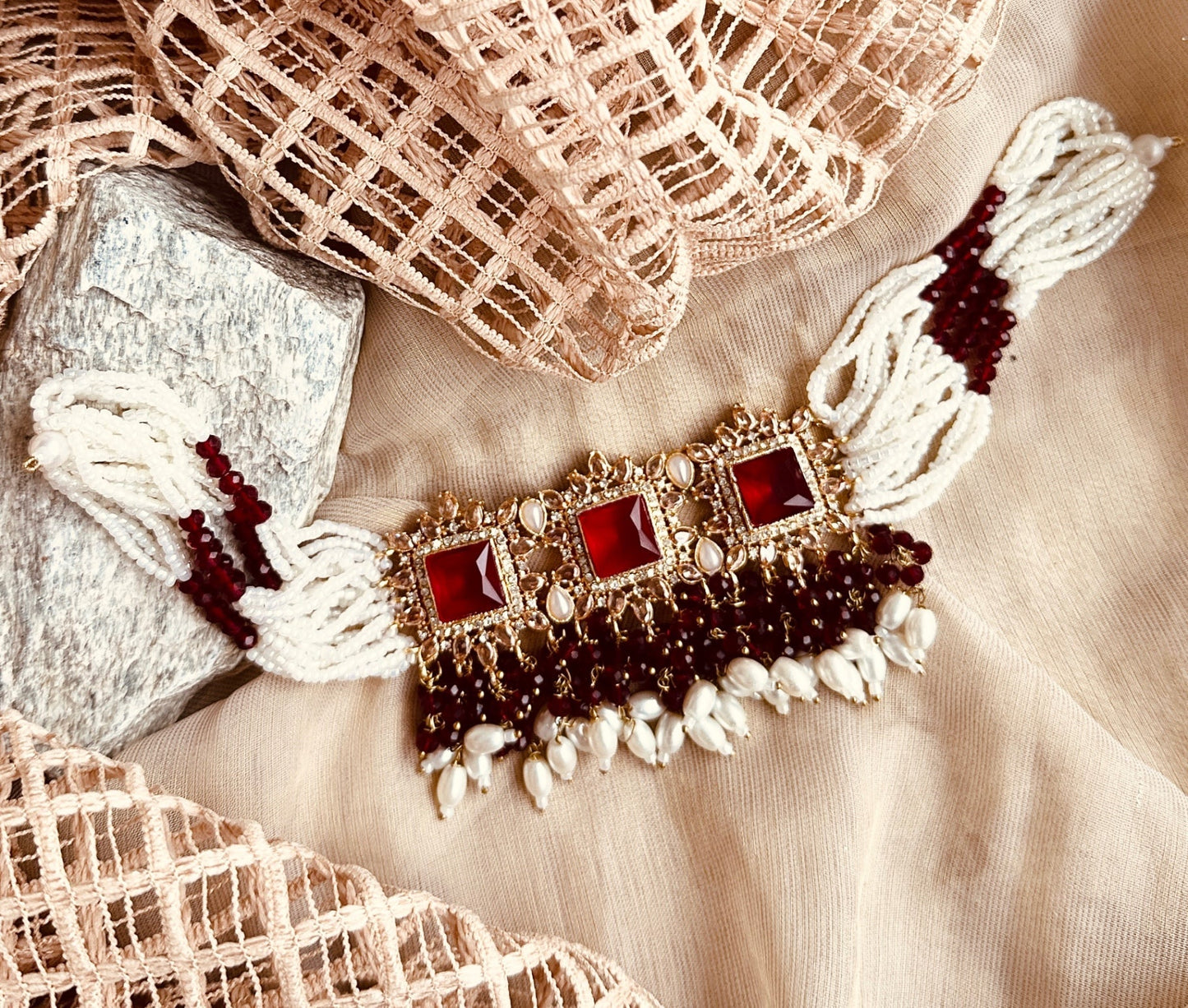 Bridal Maroon Choker Jewellery Set Online in KSA Riyadh Saudi Arabia Oman Bahrain Qatar