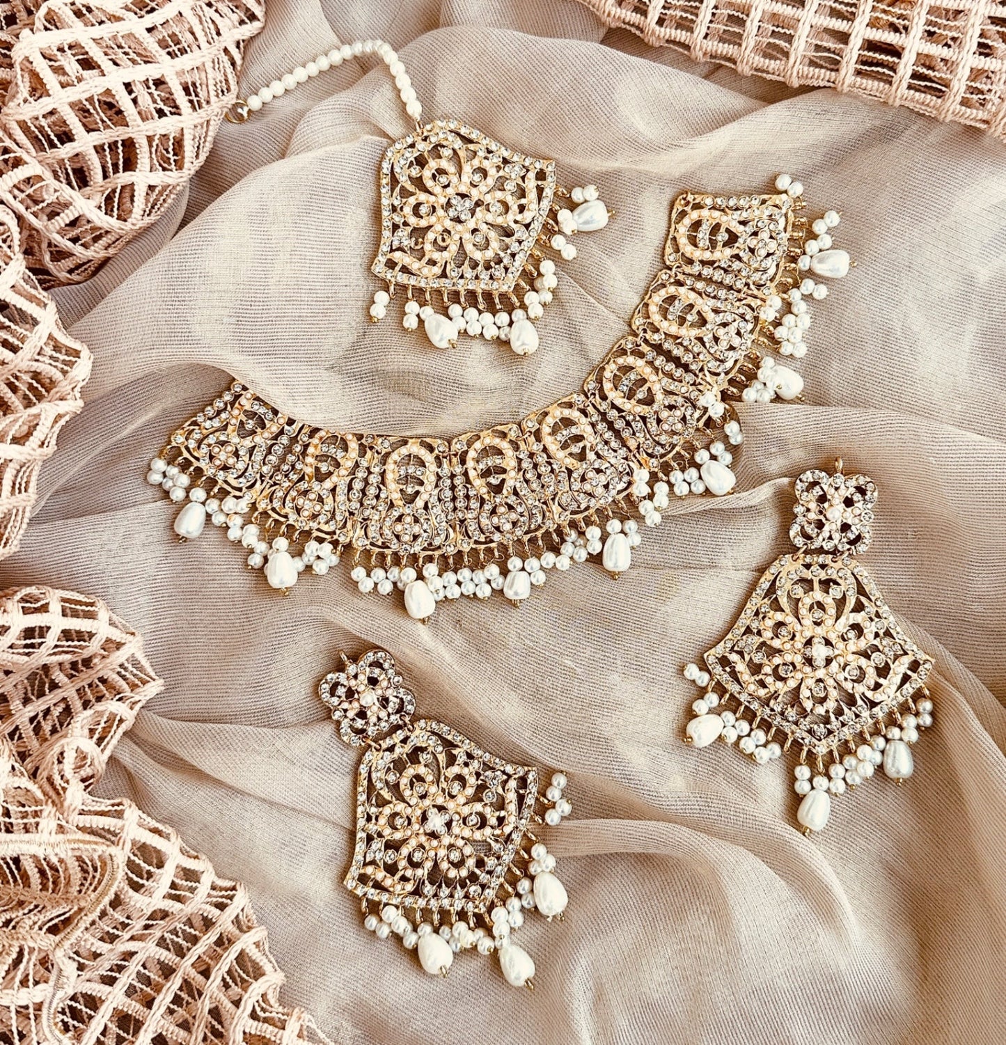 Bridal Pearl White Gold Plated Jewelry Set Online in UK USA Canada