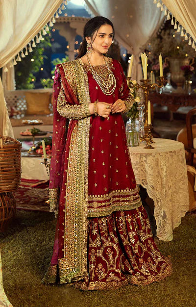 Bridal Red Embellished Chiffon Gharara Online in KSA Riyadh Saudi Arabia Oman Bahrain Qatar