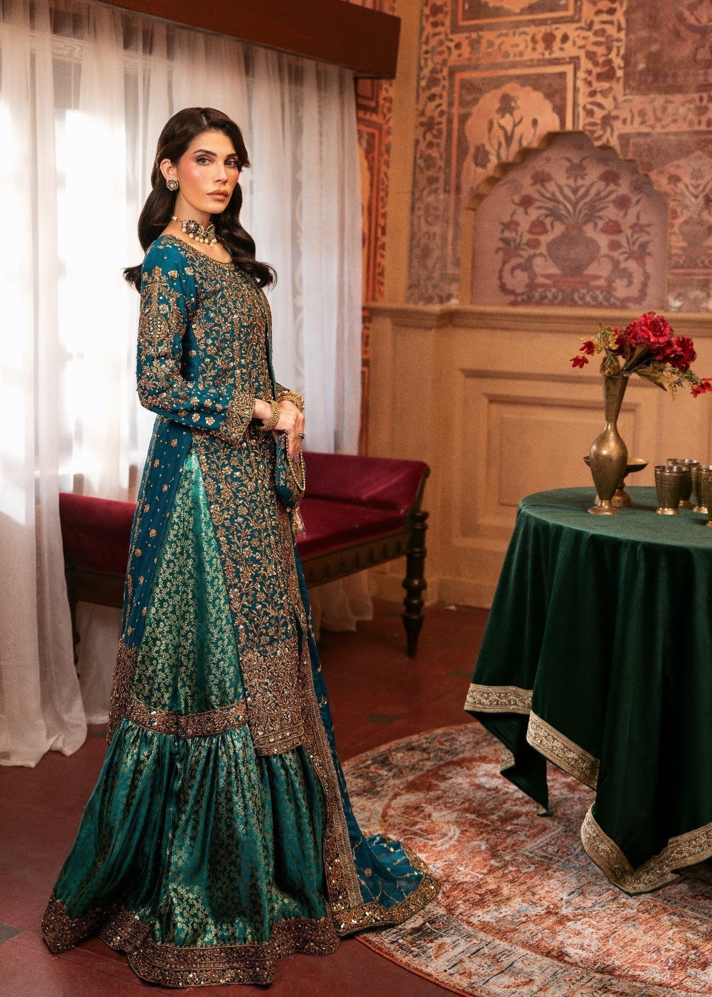 Bridal Teal Jamawar Lehenga Chiffon Online in Sri Lanka India Australia