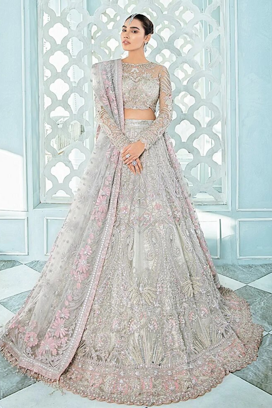 Grey & Powder Pink Handmade Bridal Lehenga