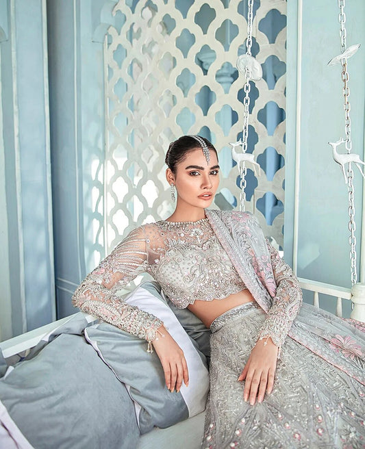 Grey & Powder Pink Handmade Bridal Lehenga