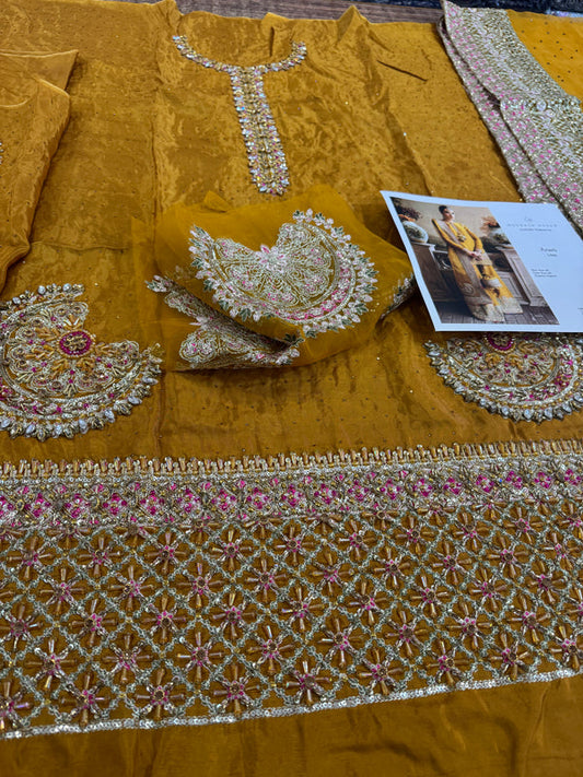 Mendi Yellow Hand Embellished Raw Silk Suit