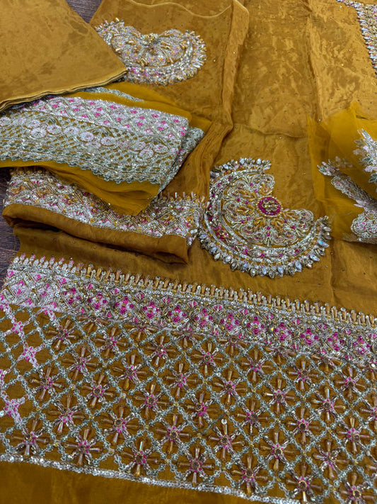 Mendi Yellow Hand Embellished Raw Silk Suit