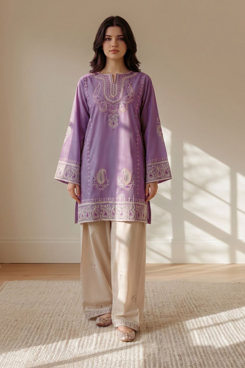 Bright Lavender Embroidered Lawn Cotton Farshi Shalwar Suit Online in Dubai UAE Abudhabi Ajman Sharjah