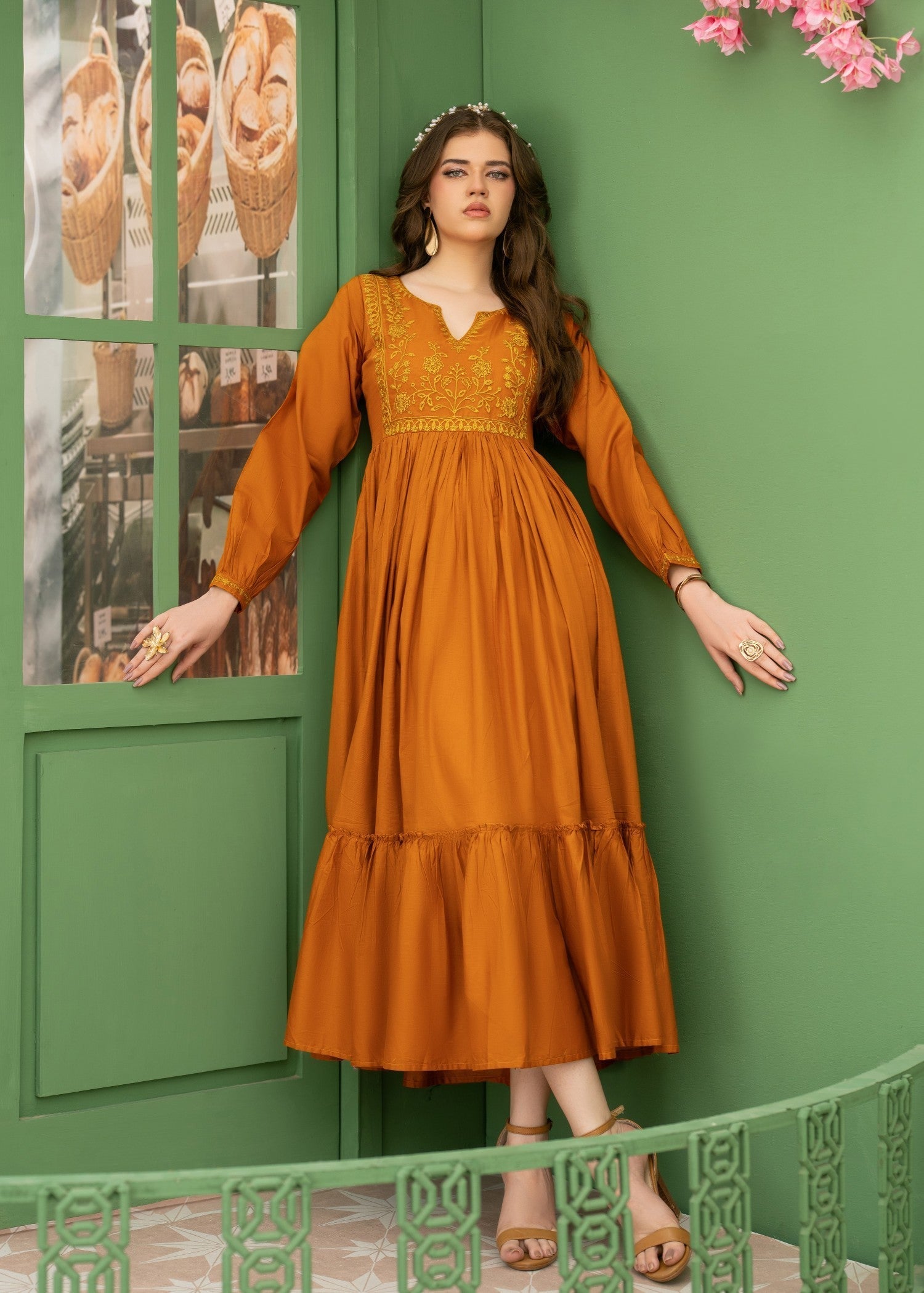 Bronze Orange Cotton Embroidered Pakistani Dress Online in UK USA Canada