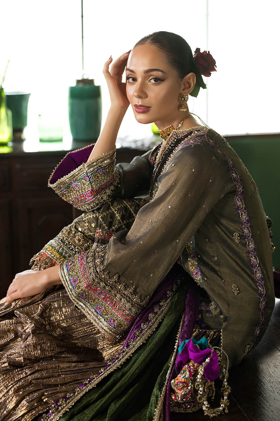 Brown Aari Work Mesuri Net Sharara Online in Dubai DXB UAE Abudhabi Meena Bazaar