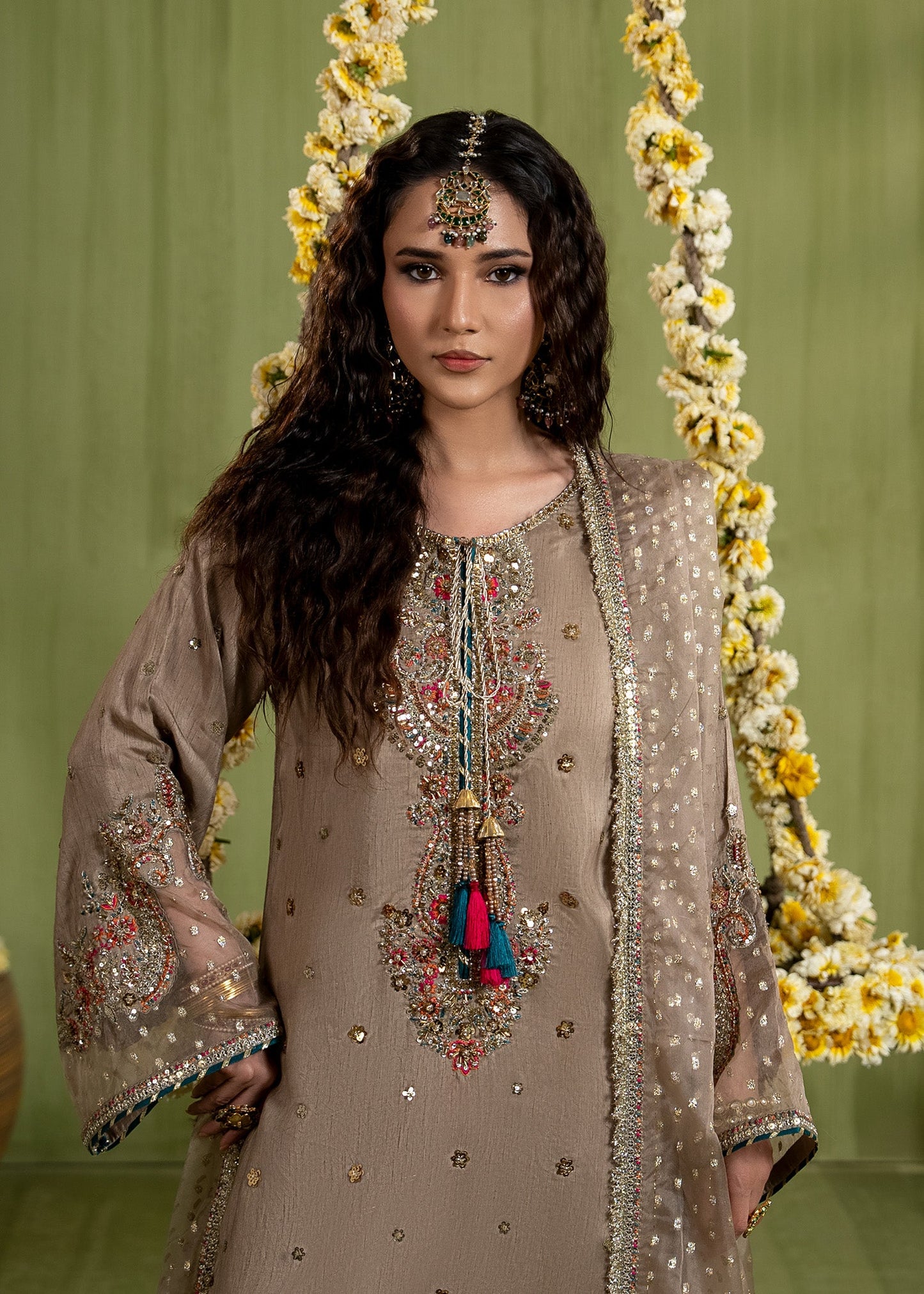 Brown Embellished Raw Silk Top with Flared Pants Online in Dubai UAE Abudhabi Ajman Sharjah