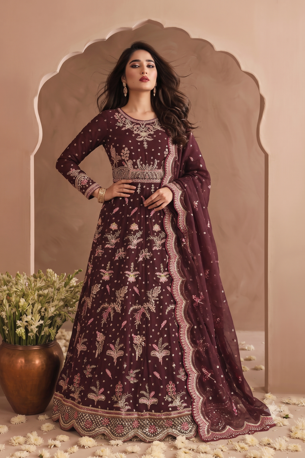 Brown Embroidered Chiffon Maxi Dress Online in Dubai UAE Abudhabi Ajman Sharjah