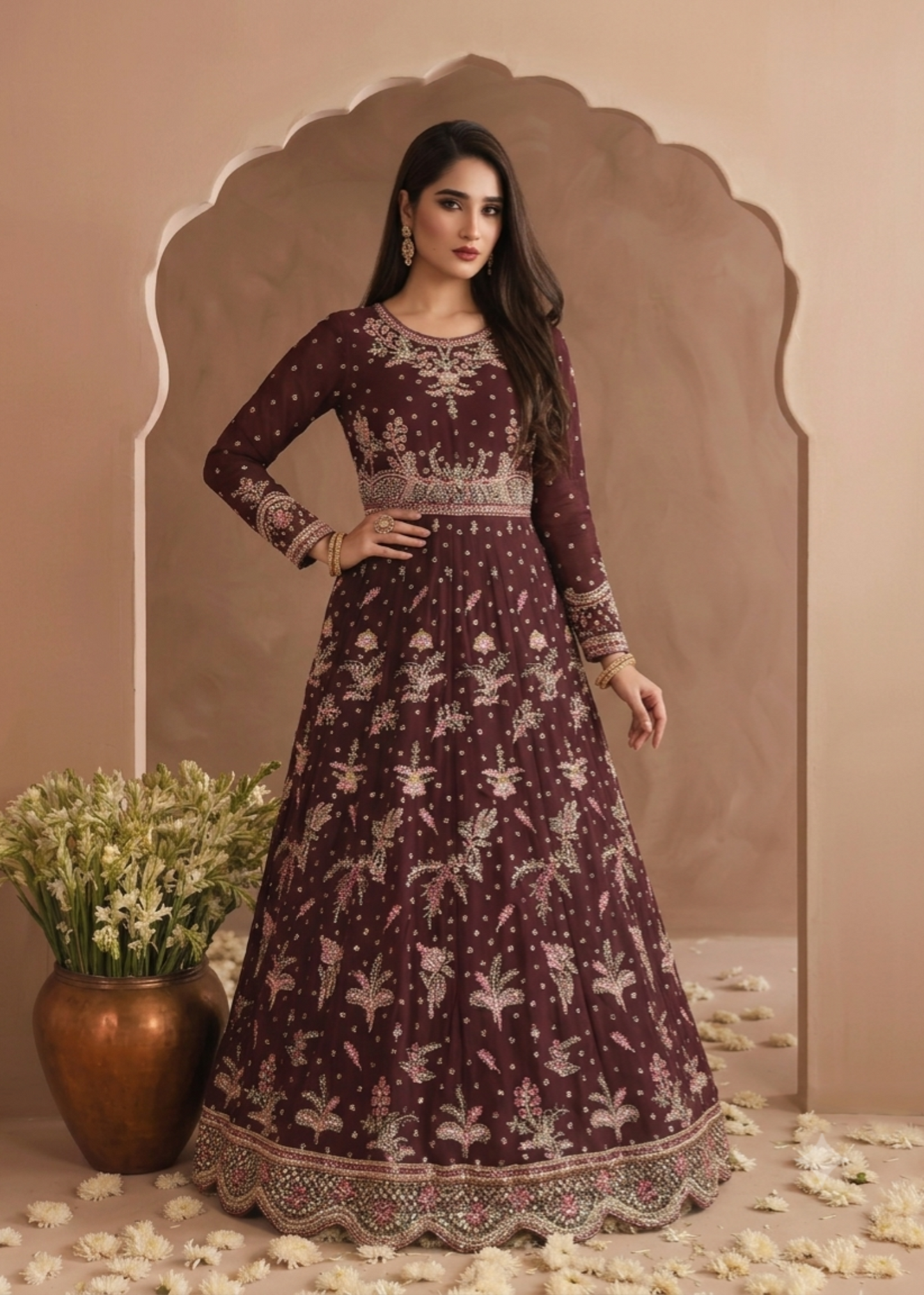 Brown Embroidered Chiffon Maxi Gown Online in UK USA Canada
