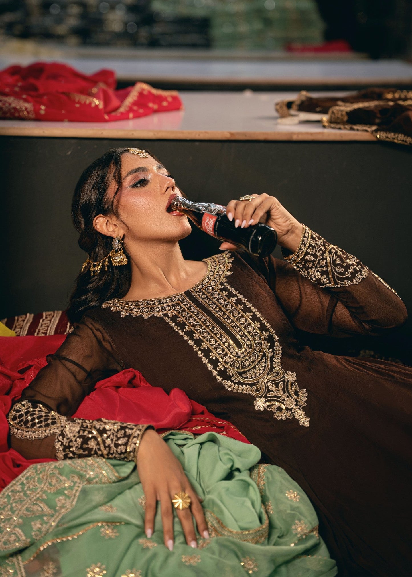 Brown Embroidered Chiffon Pishwas Kurta Set Online in Sri Lanka India Australia