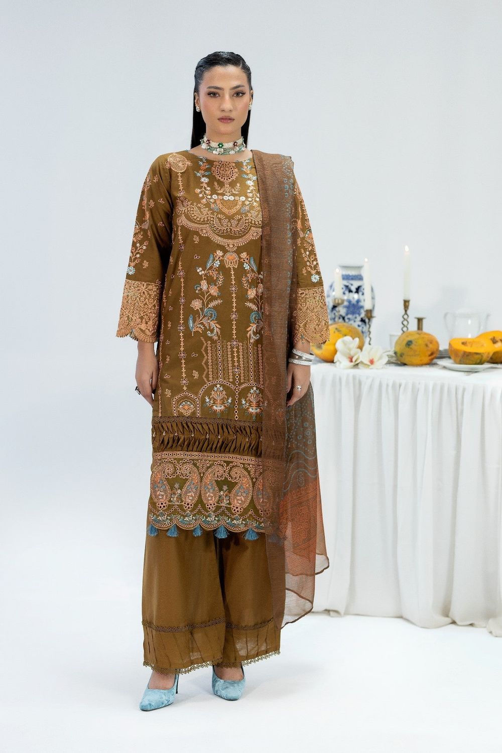 Brown Embroidered Cotton Festive Suit Online in Dubai UAE Abudhabi Ajman Sharjah