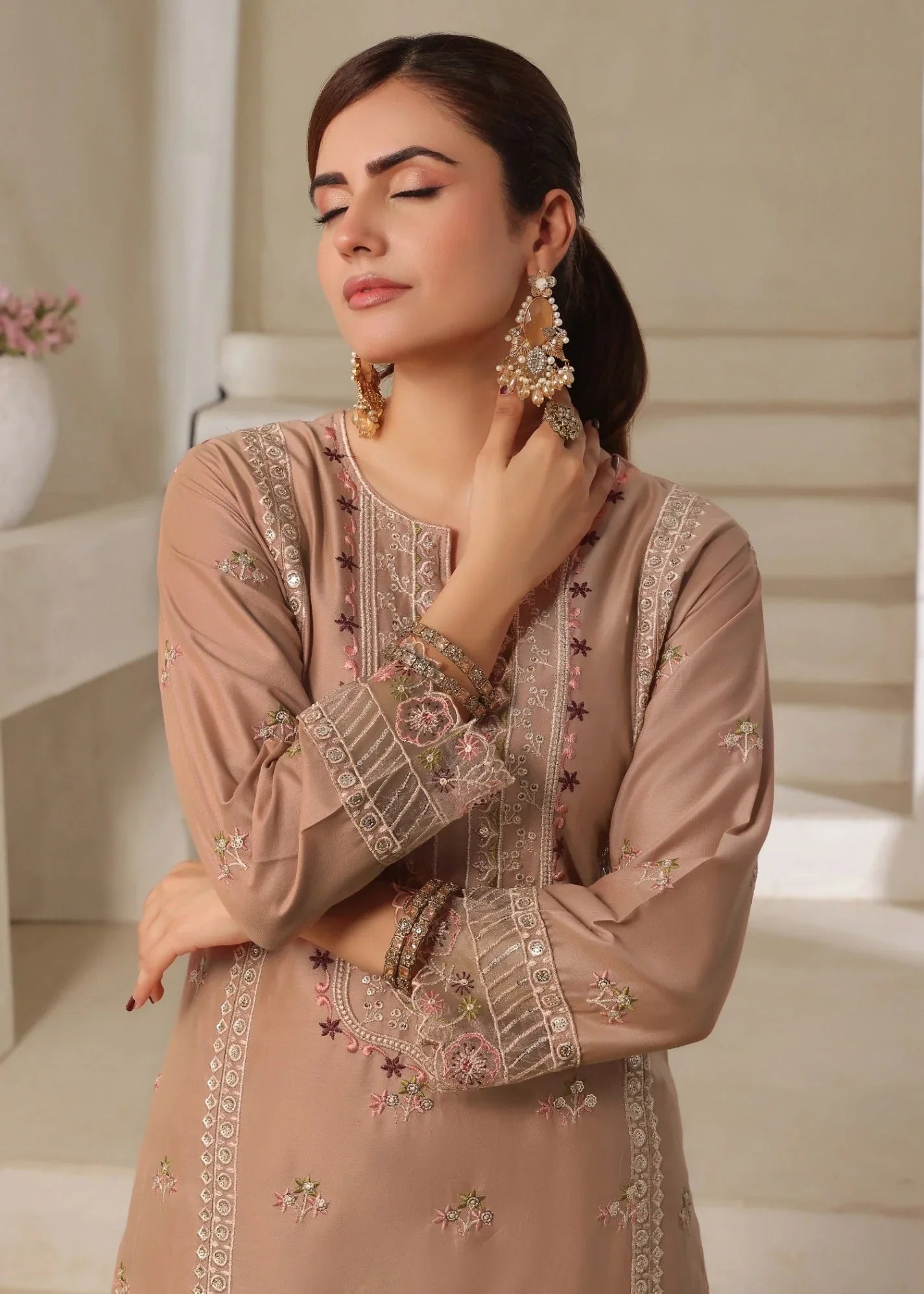 Brown Embroidered Cotton Kurta Set Online in UK USA Canada