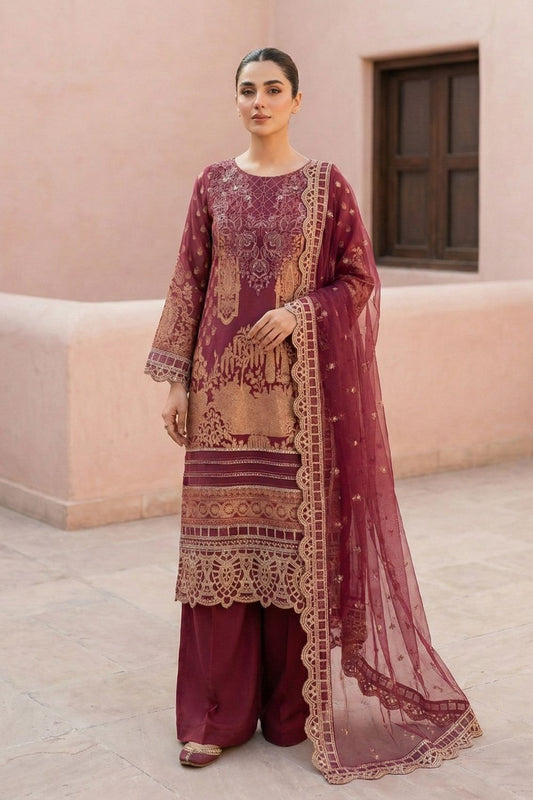 Brown Embroidered Lawn Festive Suit Online in Dubai UAE Abudhabi Ajman Sharjah