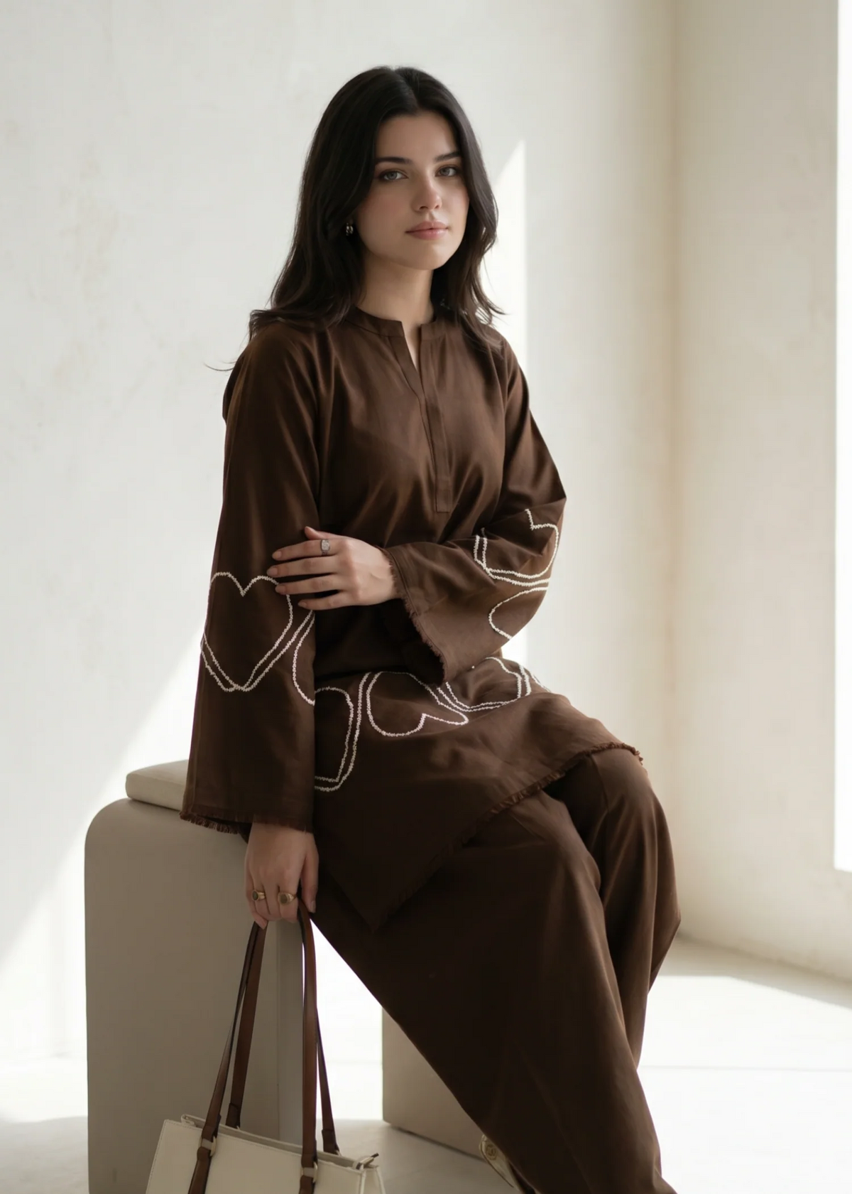Brown Embroidered Linen Kurta Set Online in Dubai DXB UAE Abudhabi Meena Bazaar