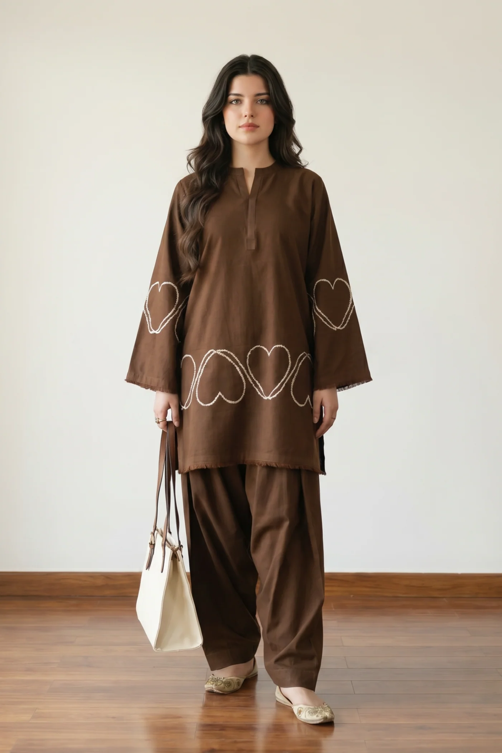 Brown Embroidered Linen Kurta Set Online in Dubai UAE Abudhabi Ajman Sharjah