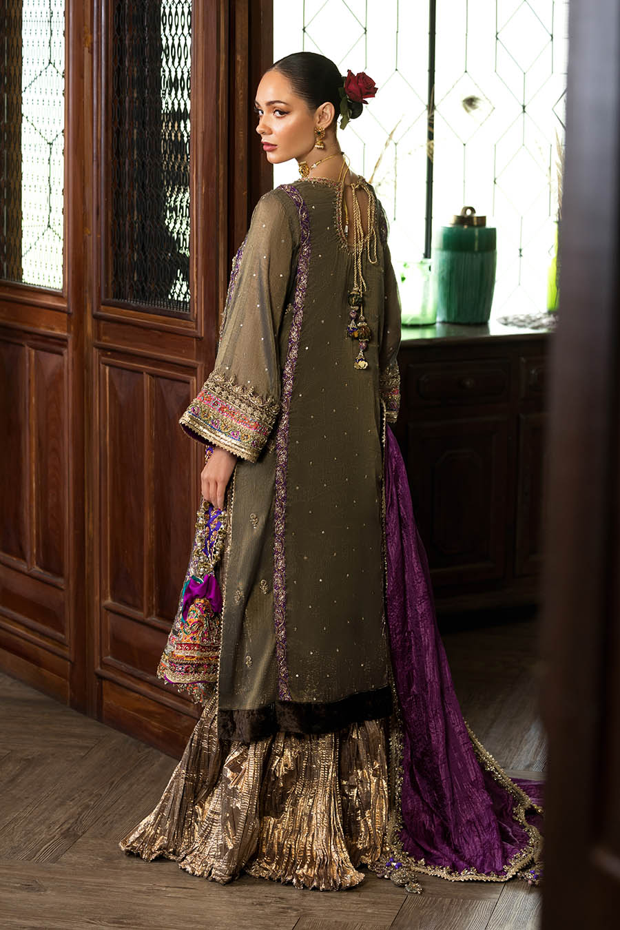 Brown Embroidered Mesuri Net Shirt Back View Online in Dubai DXB UAE Abudhabi Meena Bazaar