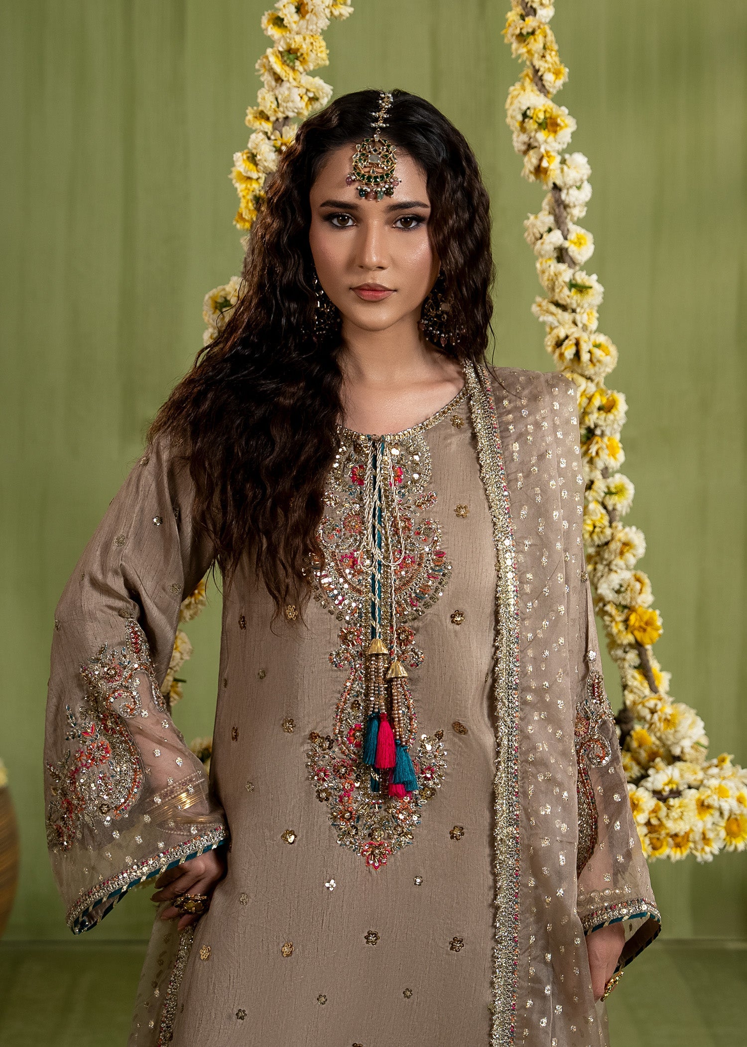Brown Embroidered Raw Silk Wedding Guest Wear Online in Dubai UAE Abudhabi Ajman Sharjah
