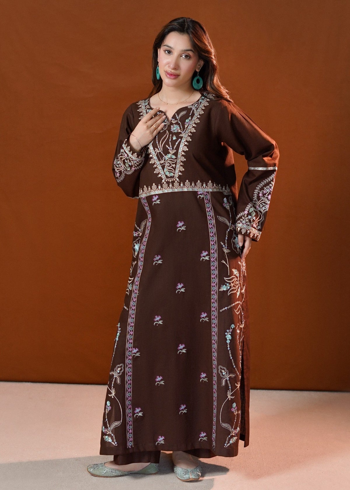 Brown Embroidered Slub Khaddar 2 Piece Kurta Set Online in Dubai UAE Abudhabi Ajman Sharjah