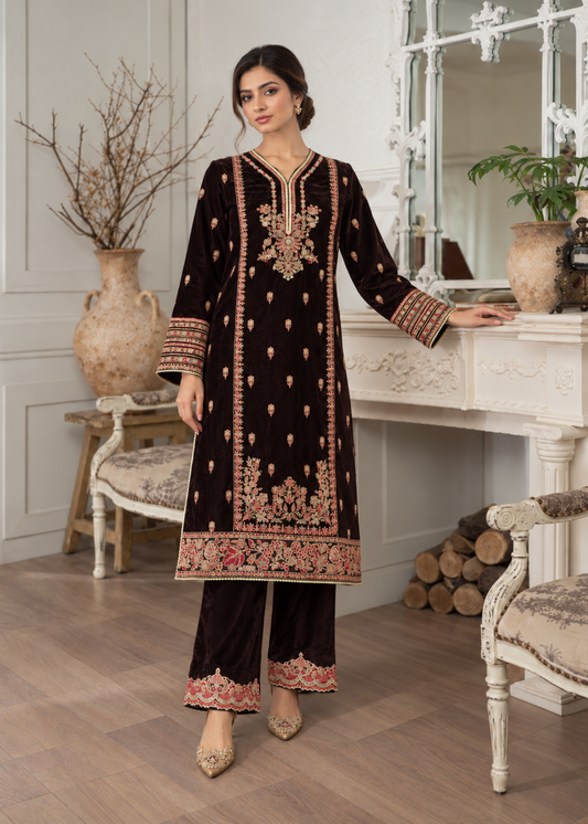 Brown Embroidered Velvet Designer Salwar Suit Online in Dubai DXB UAE Abudhabi Meena Bazaar