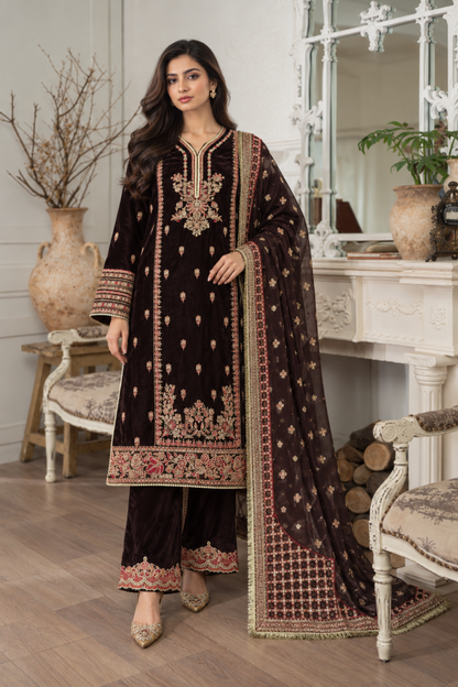 Brown Embroidered Velvet Partywear Suit Online in Dubai UAE Abudhabi Ajman Sharjah