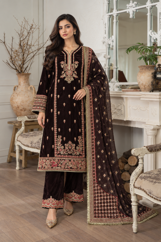 Brown Embroidered Velvet Partywear Suit Online in Dubai UAE Abudhabi Ajman Sharjah
