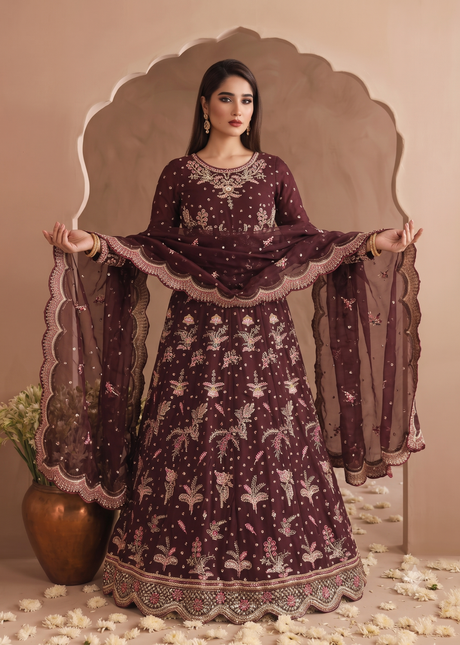 Brown Flared Maxi Chiffon Dress Online in Dubai UAE Abudhabi Ajman Sharjah