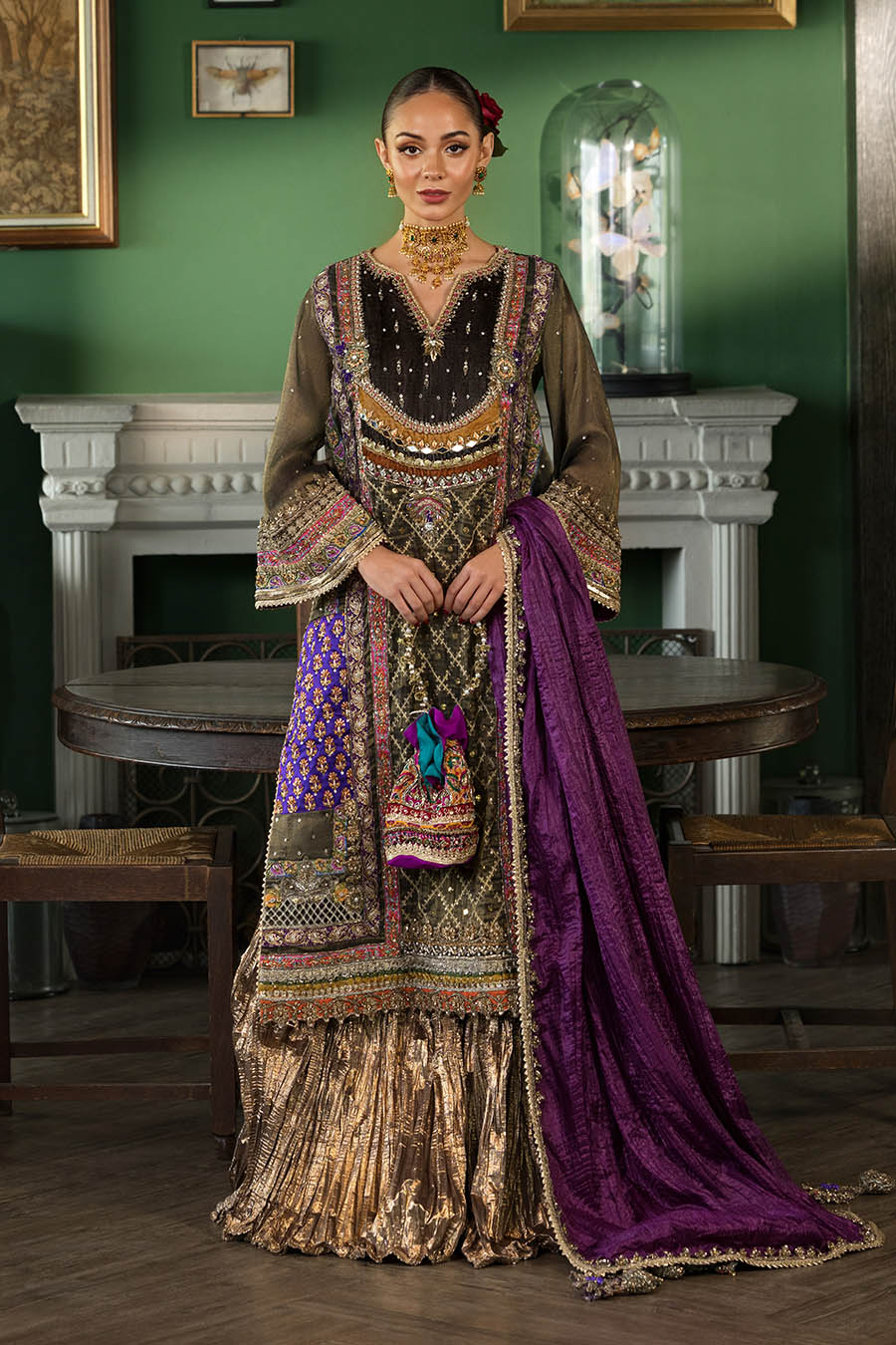 Brown Hand Embroidered Mesuri Net Bridal Sharara Online in Dubai UAE Abudhabi Ajman Sharjah