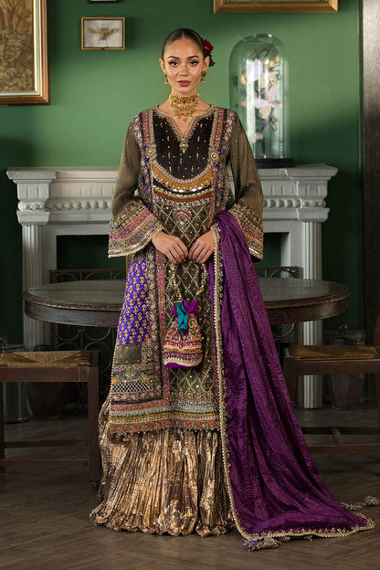 Brown Hand Embroidered Mesuri Net Bridal Sharara Online in Dubai UAE Abudhabi Ajman Sharjah